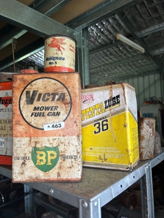 2x oil tins (Victa BP, Petalube) + Mobil Oil grease