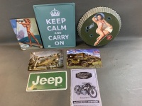 Collection of 7 Tin Signs inc. 40's Pin Ups, Military & Motoring Related - 2