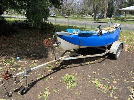Caninghi boat by Rosco on trailer - 14ft fibreglass - depth sounder - 2-seater - oars - suitable for outboard rear and electric motor front - rod holders - designed to not tip