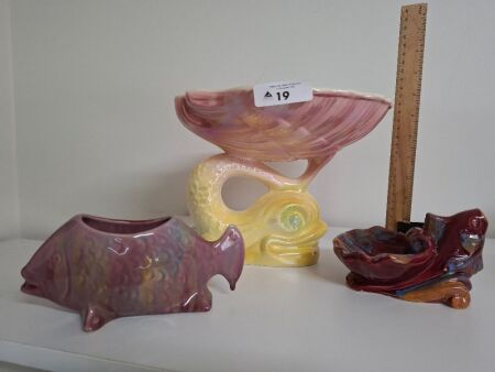 3 x Fish Inspired Lustre Ware Ceramic Dishes