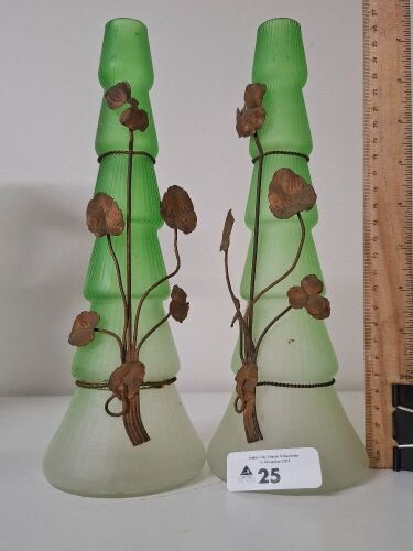 Pair Vintage Green Glass Vases