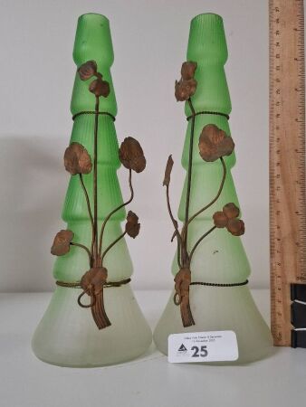 Pair Vintage Green Glass Vases