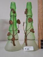 Pair Vintage Green Glass Vases