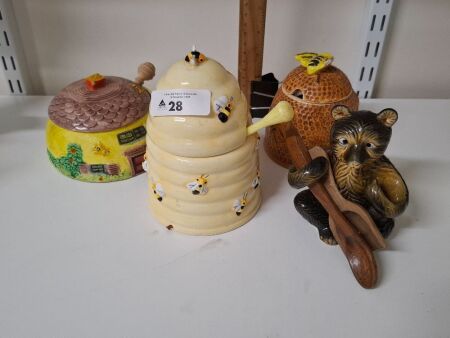 3 Vintage Honey Pots & Honey Bear