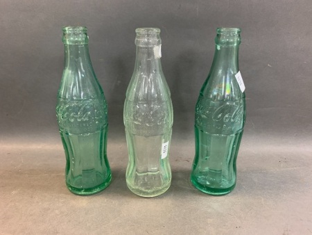 2 x Vintage 1952 Green Glass 6 FL.OZ Coca Cola Bottles (As Is) + Later Clear Bottle 1959?