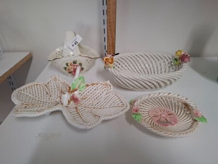 Capodimonte Italian Porcelain Woven Baskets with Applied Flowers