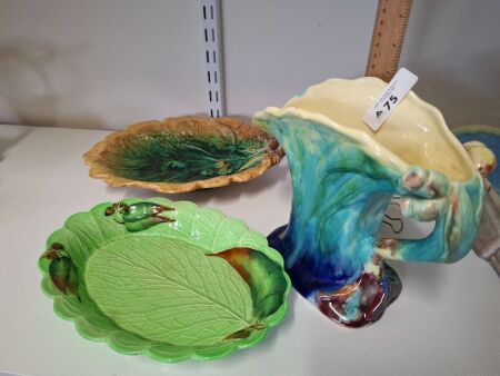 Carltonware 951 Green Leaf Dish with 2 Australian Pottery Dishes