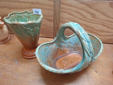 Diana Pottery Australia Gumnut Vase & Basket - Marked V44 & B-10