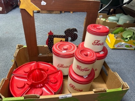 Mid Century Food Canisters & a token rooster