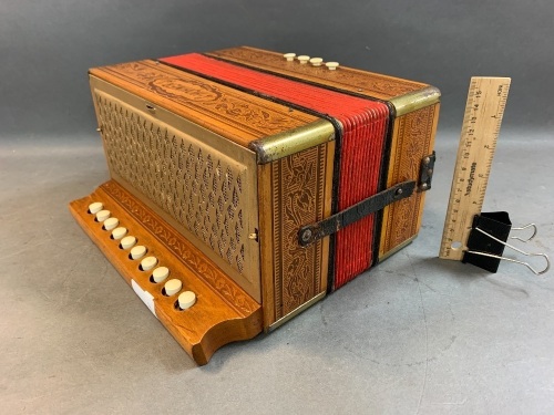 Vintage Hohner Pressed Timber Accordion with Red Bellows