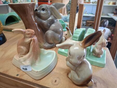 Sylvac Rabbit Book Ends 1546, Sylvac Bunny Ash Tray & 2 Ceramic Bunny Figurines