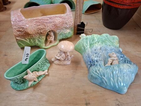 Sylvac Pixie Posy Vase 2276, Figurine 1420, 353 7 Dish and Wall Vase (. Wall Vase has Damage )