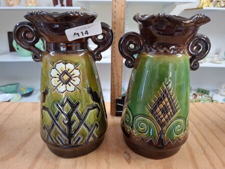Pair Hand Made Midcentury Etched & Glazed Vases