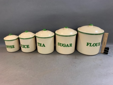 Set of 5 Vintage Graduated Cream & Green Enamel Kitchen Cannisters