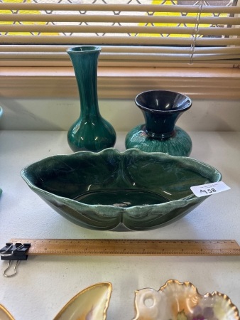 Hull USA Glazed Bowl with 2 Green & Brown Glazed Vases