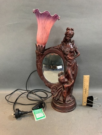 Heavy Mother & Child Lamp Base with Bevelled Mirror & Glass Shade