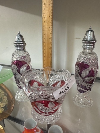 Cranberry & Cut Crystal Salt & Pepper Shakers & Bowl