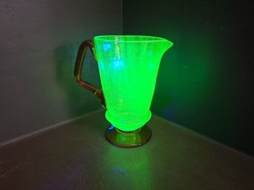Uranium Crackle Glass Jug with Amber Base and Handle
