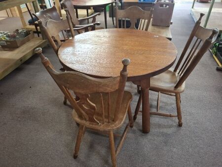 1950s Brutalist Solid Wood Extendable Round Dining Table with 4 Matching Dining Chairs