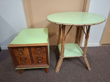 Vintage Cane Table and Small Library Draw Table