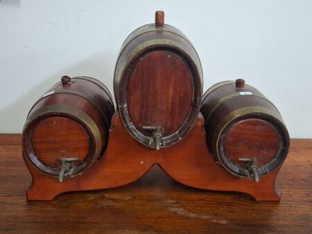 Vintage Trio of Wooden and Brass Liquor Barrel
