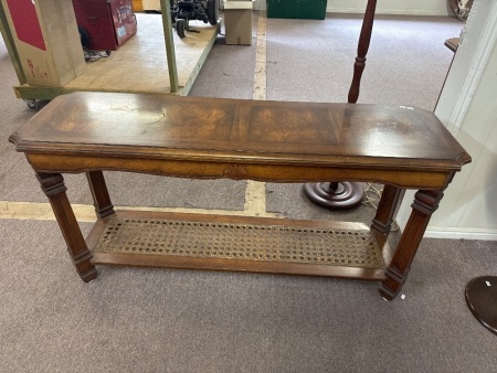 Antique Wooden Console Table with Rattan Shelf