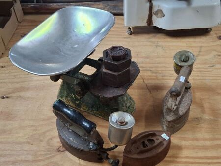 Set of Vintage Mercury Scales with Weights and 3 Irons
