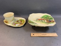 Vintage Royal Winton Cottage Scene Tazza + Tennis Set