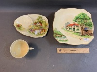 Vintage Royal Winton Cottage Scene Tazza + Tennis Set - 2