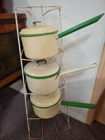 Set of 3 Enamel Judge-ware Saucepans with Lids on Pan Stand