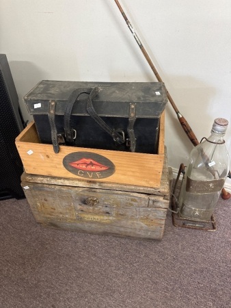 Wooden Storage Box, Wooden Crate, Vintage Leather Bag & Johnny Walker Bottle