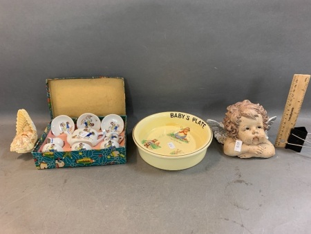 Vintage Baby's Plate / Bowl, Mini Tea Set in Original Box, Cherub Head & Vintage Crib Toy