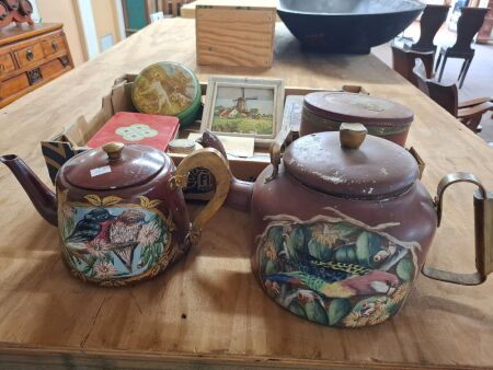 Mixed Vintage Lot inc. Tins & Hand Painted Country Style Tea Pots