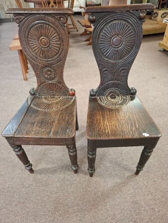 Pair Antique Carved Hall Chairs
