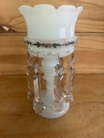 Victorian Milk Glass Lustre Candle Stick Vase with Hanging Crystals