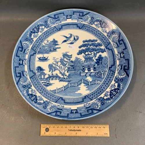 Large Vintage Blue & White Willow Pattern Charger