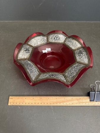 Hand Blown Ruby Glass Decorated Frilled Bowl