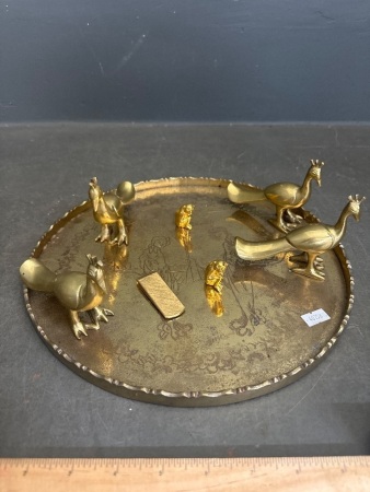 Etched Brass Platter with Brass Figurines & Money Clip