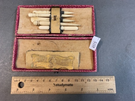 Antique Boxed Sewing Set with Turned Bone Tools