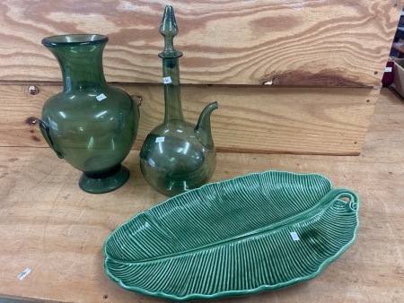 Ceramic Green Leaf Plate made in Portugal with Large Green Glass Urn Vase & Vintage Green Glass Decanter with an ice pocket
