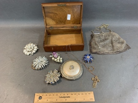 Vintage Walnut Jewellery Box from Sorento, Diamante Costume Jewellery + Silver Mesh Purse