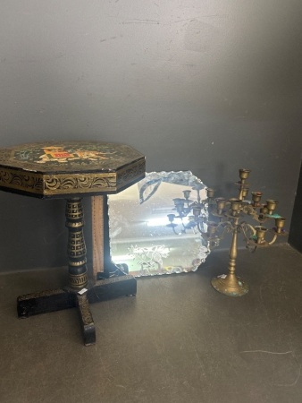 Brass Candle Stick Holder, Scollop Edged Mirror & Hand Painted Decorative Table