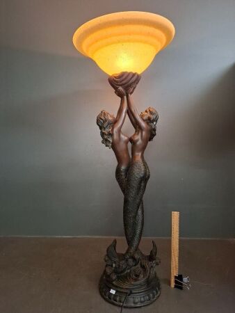 Art Nouveau Mermaid Bronze Look Table Statue Lamp with Frosted Glass Shade
