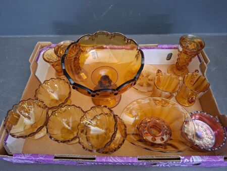 Selection of Mixed Mid Century Amber Glass
