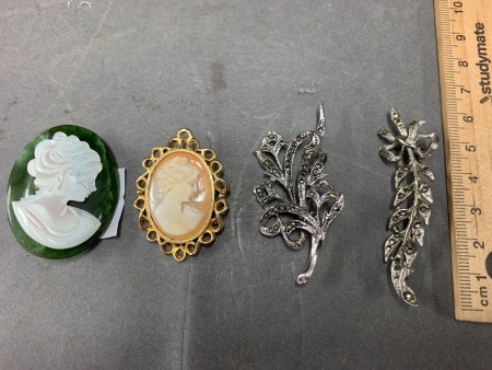 2 Vintage Marcasite Brooches + 2 Cameo Brooches