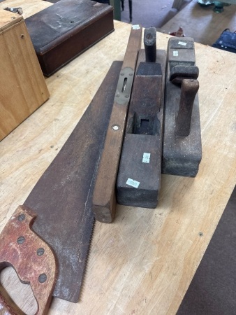 2 Wooden Hand Planes & Vintage Wooden Stanley Level with Saw
