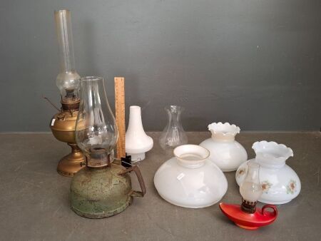 3 Oil Lanterns with various Shades & Chimneys