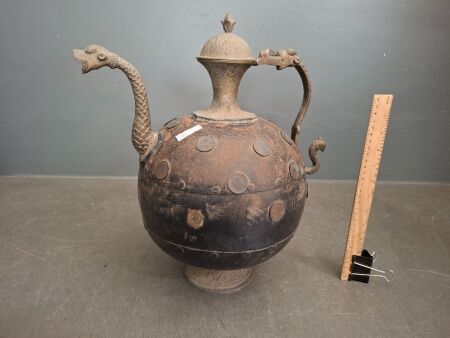 Antique Metal Water Canister with Brass Handles & Spout and Antique Coins Attached - Very Rare