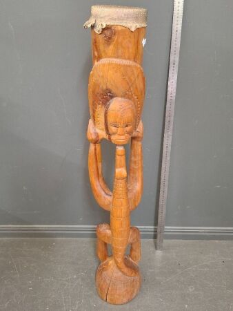Hand Carved Wooden Sculpture with Lizard Skin Drum Head