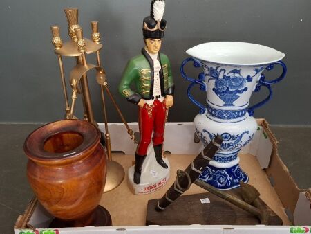 Decorator Items inc. Blue & White Ceramic Vase (repaired), Irish Mist Statue, Wooden Vase, Fire Tools